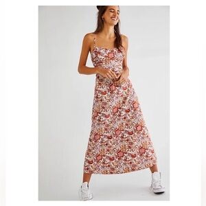 Free People Floral Midi Dress in Red and Cream